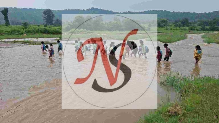 नदी पर पुल नहीं, जान जोखिम में डालकर स्कूल जाते बच्चे